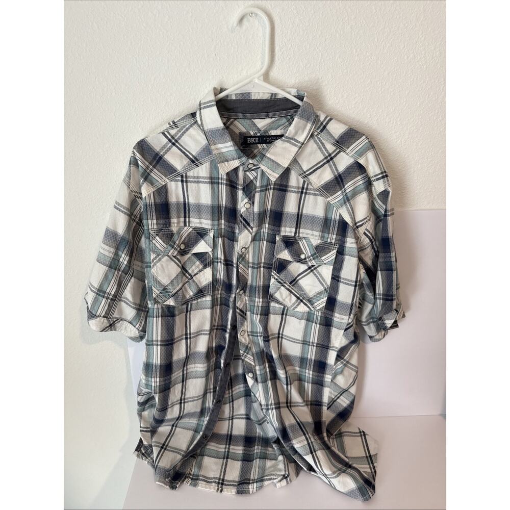 Buckle BKE Shirt Mens 2XL Blue Plaid Athletic Fit Short Sleeve Pearl Snap West